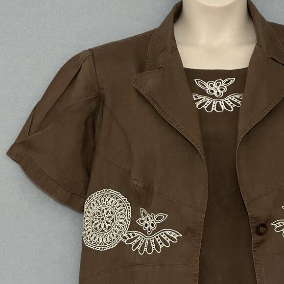 Lino USA Womens Top Plus 1X Brown 100% Linen 2 Piece Embroidered Classic Clasual - Picture 2 of 16